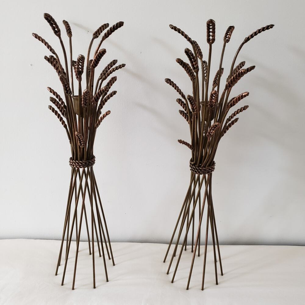 Vintage Pair of MCM Gilt Wheat Sheaf Candle Holders Hollywood Regency 18-20"